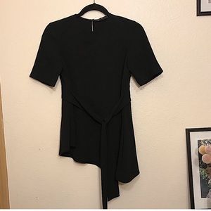 Zara Woman Tie Front Asymmetric Hem Black Blouse Shirt XS